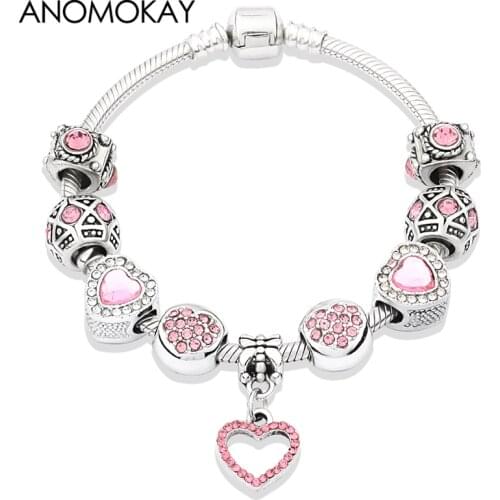 2019 Hot Valentines Day Romantic Pink Love Heart Charm Bracelet Pink Crystal Fashion Womens Girls Bead Bracelet with Heart