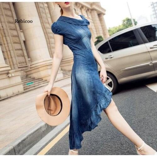 Women Sleeveless Denim Dress Sexy Ruffle Slit Irregular Long Summer Bodycon Dress Female Fishtail Mermaid Jeans Dress