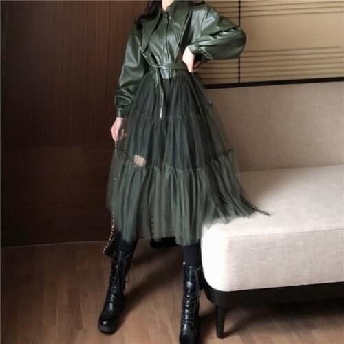 2021 New Runway Spring Jackets Women Fashion Patchwork Long Mesh Gauze Stitching PU Leather Coat With Belt Female