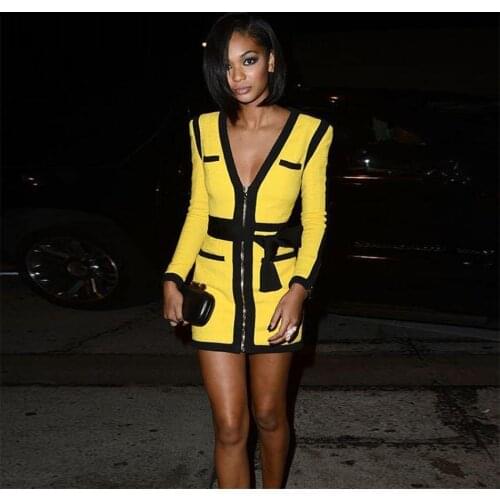 Front Zippers Sexy V Neck Women Bandage Dress Patchwork Bodycon Mini Dresses Celebrity Party Club Sexy Full Sleeve Vestidos