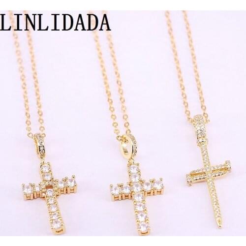12Pcs Gold Color Micro Pave Clear CZ Cubic Zircon Cross Pendant Necklace Fashion Jewelry