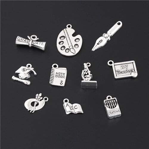 20pcs Mix Silver Color Book Bachelor Cup Pen Charms Paint Board Pendant Making School Supplies Jewelry Accessorie M164