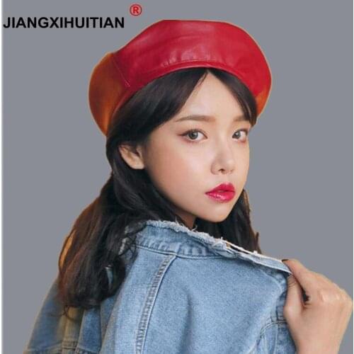 2018 high quality Fashion black Felt Pu Leather Beret Hat Women Cap Female Ladies Beanie Beret Girls For Spring And Autumn