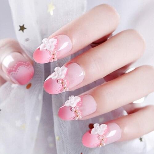 24Pcs pink Rhinestone Tips False Nail Bride 3D Glue Design Art Nails Wedding