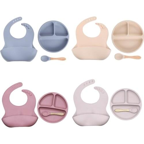 3Pc/Set Baby Silicone Tableware Set Divided Grid Service Food Plate with Spoon Waterproof Baby Bibs Children Training Bowls