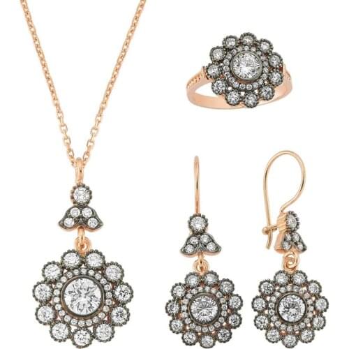 925 Sterling Silver and Zircon Stones Flower Design Set