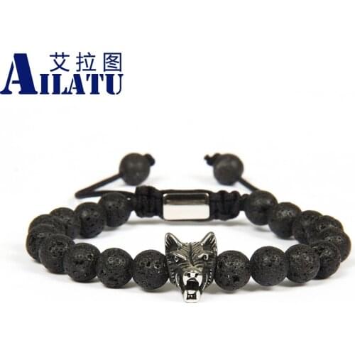 Ailatu Wholesale 10pcs/lot 8mm Lava Rock Stone with Antique Silver Color Stainless Steel Wolf Macrame Bracelet for Cool Men