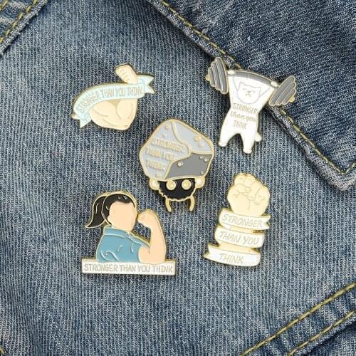 Stronger Than You Think Enamel Pins Custom Weightlifting Muscle Fist Brooch Lapel Badge Cartoon Jewelry Gift Friend Wholesale