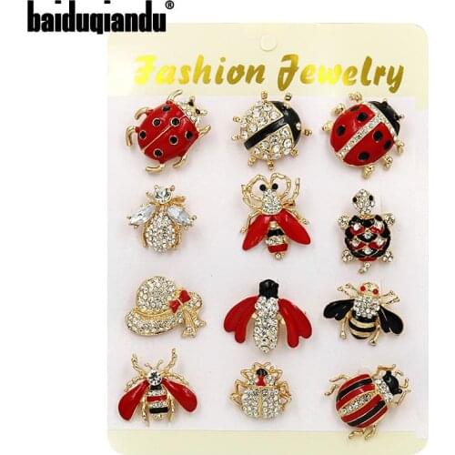 Baiduqiandu Brand 12 Mixed in a Card Crystal and Enamel Ladybird Insects Brooch Pins Sets