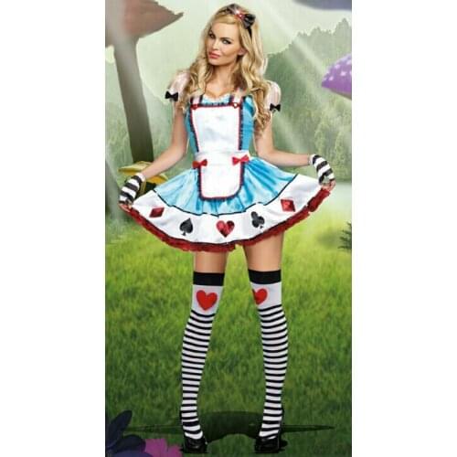 One Piece Cosplay Alice In Wonderland Costume Blue Maid Dress Ruffles Print Garment Grande Taille Woman Dress With Bow BI111