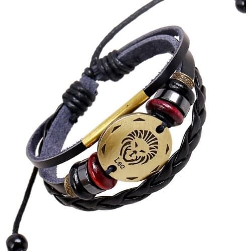 Black Braided Mens Multilayer Leather Bracelet Charms 12 Constellations Rock Punk Boyfriend Birthday Dropshipping