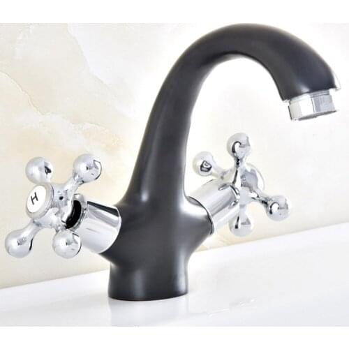 Black & Chrome Brass Bathroom Faucet Basin Mixer Tap Double Cross Handle Single Hole Hot and Cold Water Nnf477