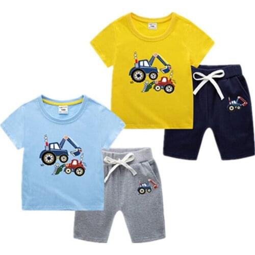 Kids Boy Short Sleeve T-Shirt Summer Suit Set Excavator Cotton Cartoon Print Short Sleeve + Short Pants 2 Piece Children Cloth
