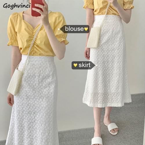 Women Sets Solid Puff Sleeve V-neck Ruffles Blouses Shirts Zipper Fly Hollow Out Lace Mid-calf Skirts Sweet Girls Stylish Casual