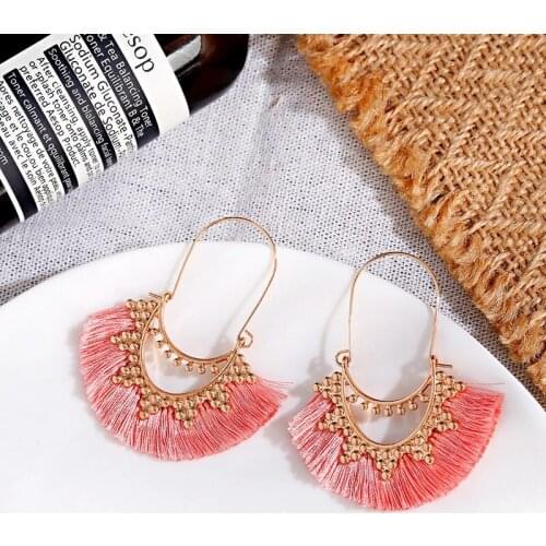 Ethnic Pink Tassel Earrings For Women Korean Style Fashion Bohemia Gold Alloy Ladies Jewelry Accessories
