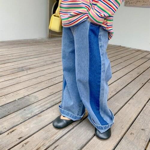 2021 Korea style girls boys patchwork denim pants autumn fashion kids long jeans pants 2-8 years