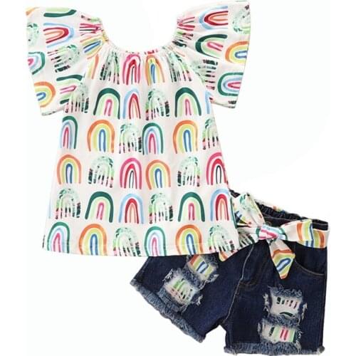 2Pcs Sweet Style Little Girls Outfit Summer Rainbow/Sunflower Printing Short Sleeve Tops + Ripped Denim Shorts with Belt Set