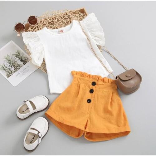Summer Toddler Girls Clothes Sets 2pcs Ruffles Lace Short Sleeve Solid T Shirts High Waist Shorts Childrens Outfits Sets