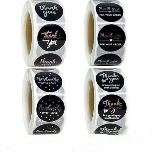 Round Black Silver Foil Thank you sticker Gold foil thank you label Handmade holiday envelope Decorative sticker