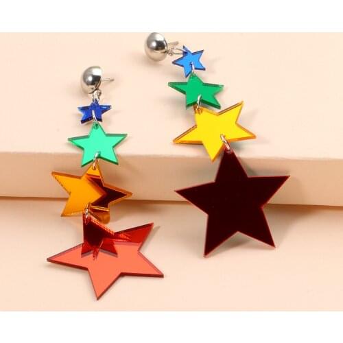 Fashion Acrylic Four Stars Earrings Mirror Bright Color Long Drop Earrings for Ladies