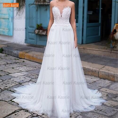 Fashion Boho White Wedding Dresses 2021 Lace Up Applique Tulle A Line vestido de noiva Customized Slim Fit Beach Bridal Gowns