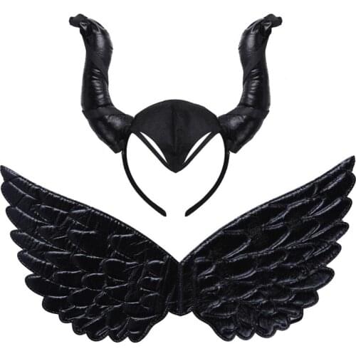 Kids Black Fairy Devil Wing Ox Horn Headband Halloween Evil Queen Cosplay Props
