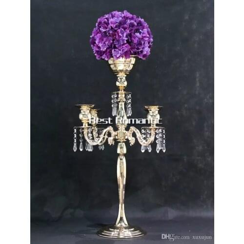 Silver Height 76cm gold 5 Heads Crystal Candelabra, Candle Holder, wedding Centerpiece, flower bowl Candle holder with pendants