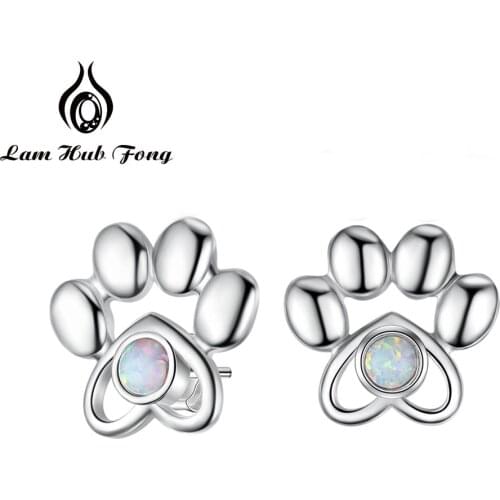 Silver Color Dog Paw Stud Earrings Women’s Cute Opal Stone Animal Pet Footprints Earrings Fashion Jewelry Gifts for Girls Women