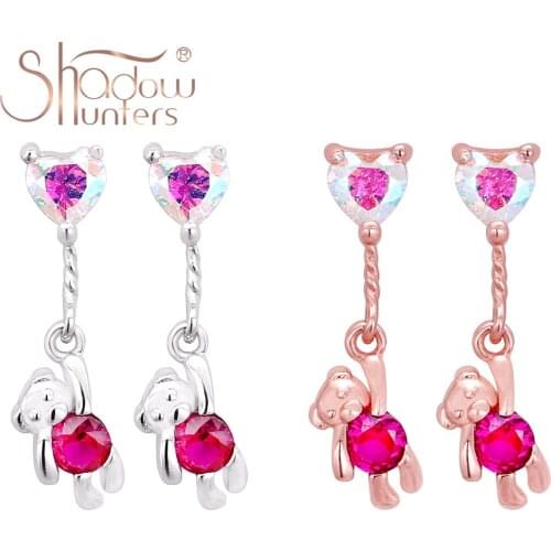 SHADOWHUNTERS 925 Silver Pink Little Bear Hanging with Heart Balloon Earrings Cute Drop Earrings for Young Girl Kolczyki Damskie