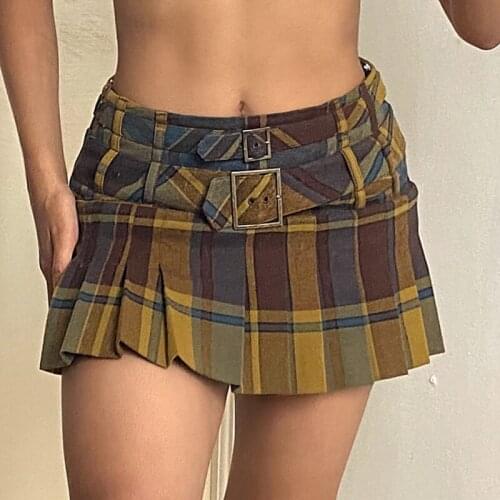 Preppy Style Grunge Vintage Plaid Mini Skirt Sexy Women Y2K Aesthetic Kawaii Low Rise Pleated Skirt Harajuku Vintage Clothes