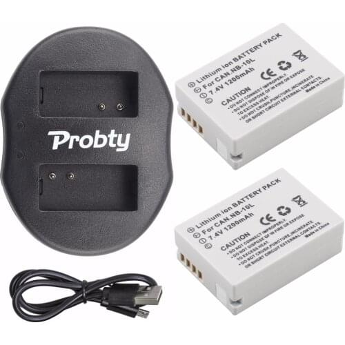 2Pcs Probty NB-10L NB 10L Battery + USB Dual Charger for Canon PowerShot G15 G1X G16 SX50 SX40 G3X SX40HS SX50HS SX60HS Camera
