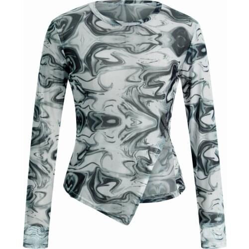 Women Tie-dye Sheer Polyester Autumn T-shirt Adults Slim-fit Irregular Long Sleeve Round Neck Slit Pullover Tops