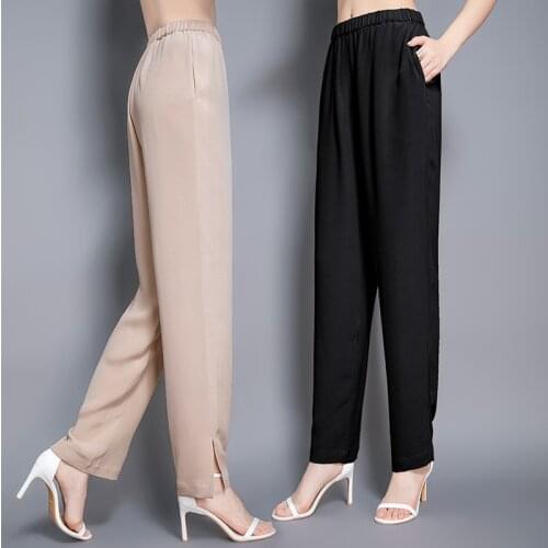 High Quality 100% Silk Trousers for Women Casual Pants Female High Waist Straight Pants Summer 2021 Pantalones De Mujer Pph4184
