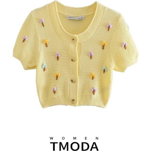 TMODA1352 Za Cardigan Sweater Women 2021 Sweet Embroidered Floral Knitted Short Sweater Summer Casual Female Outerwear Chic Tops