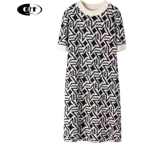 Designer casual midi dress Korean streewear fashion knitting short sleeve summer traf Letter geometric print basic women dresses