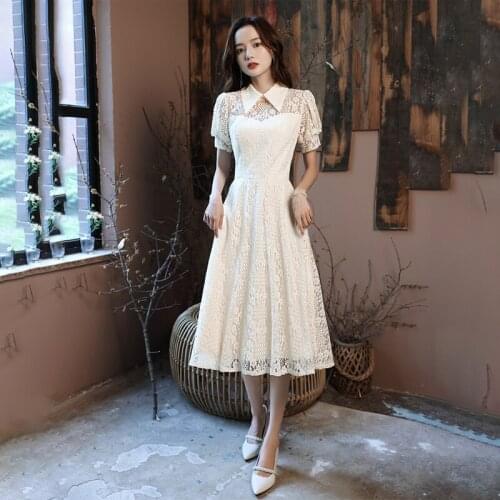 Evening Dress High Neck Floral Print A-Line Empire Short Sleeves Fashion Pleat Tea-Length White Woman Formal Party Gowns A1437