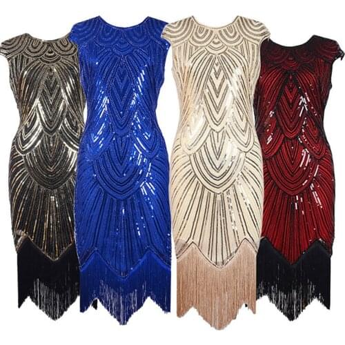 U-SWEAR Women 1920s Sequin Flaper Sexy Dress Retro Vintage Embellished Fringe Summer Midi Party Dress Vestidos De Fiesta