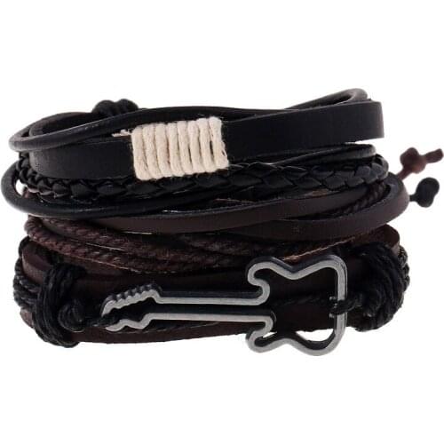 3pcs/set Boho Gypsy Hippie Punk Dark Brown Black Leather Guitar Charm Wrap Knot Layers Bracelets Set for Man Wrist Jewelry