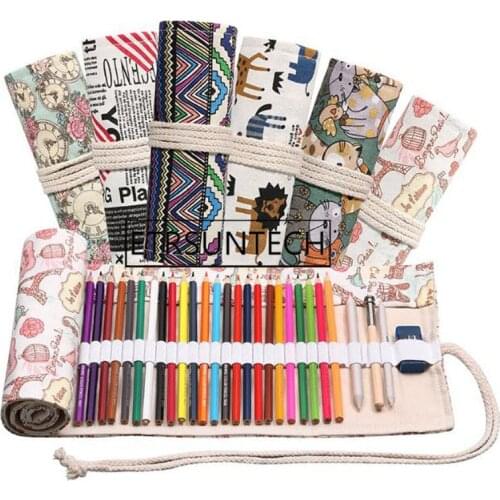 50pcs Pencil Case Cartoon Blank Canvas Pen Bag for Girls Boys Pencil Storage Bag 12/24/36/48/72 Roll