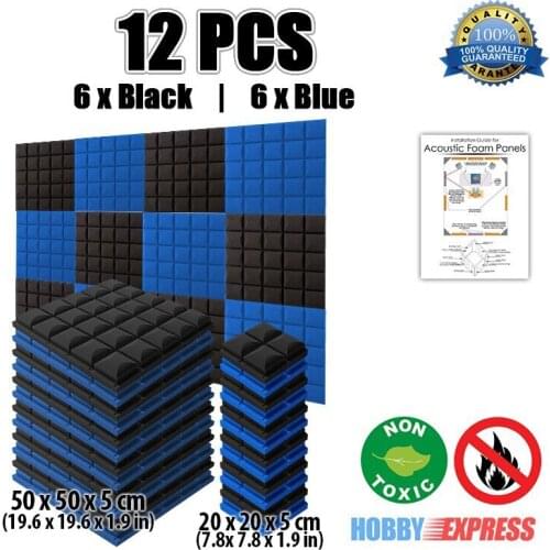 Arrowzoom Black and Blue 12 pcs Pack Hemisphere Grid Studio Acoustic Panel Soundproofing Foam Tile KK1040