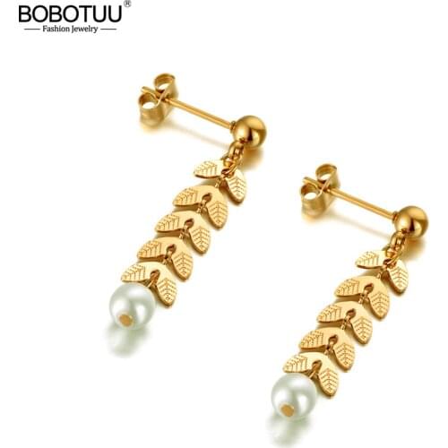 BOBOTUU Fashion Titanium Stainless Steel White Simulated Pearl Earrings For Women Girls Rose Gold Leaves Party Earrings BE20124