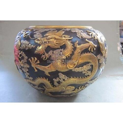 Bronze 24K Gold plated Dragon Royal Lucky Feng shui Jar Pot Crock tank