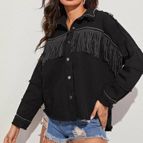 Black Rivet Fringe Denim Jacket Women Patchwork Burrs Jeans Jackets Coat Autumn Winter 2021 Casual Loose Tassel Denims Shirts