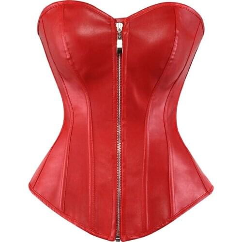 Black/Red Faux Leather Corset Sexy Clubwear Bustier Hot Lingerie Zipper Plus size Waist Cincher Top S-6XL