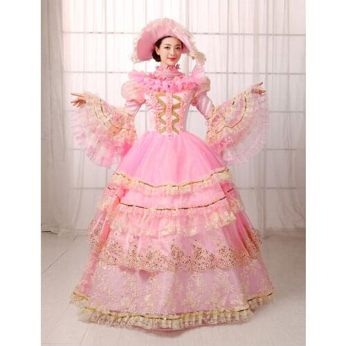 Elegant Pink Long Sleeve Lace Victorian Lolita Ball Gown Medieval Renassiance Marie Antoinette Party Dresses