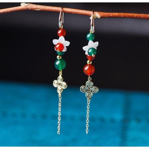 BOEYCJR Ethnic Vintage Shell Flower Stone Bead Dangle Earrings Fashion Jewelry Asymmetry Drop Earrings For Women Gift