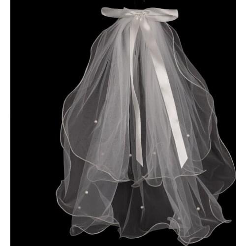 Bridal Veil Short With Comb Beaded Edge Tulle Bridal Veil Two Layer 45 CM Shoulder Length Wedding Accessories 2021