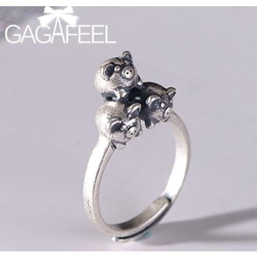 GAGAFEEL Pure Silver 990 Retro Ring Fashion Simple Three-Dimensional Thai Silver Piggy Open Rings Women Christmas Gift