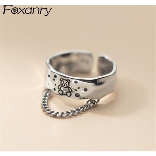FOXANRY 925 Sterling Silver Rings for Women New Trendy Elegant Vintage Cute Bear Pattern Chain Tassel Party Jewelry Lover Gifts