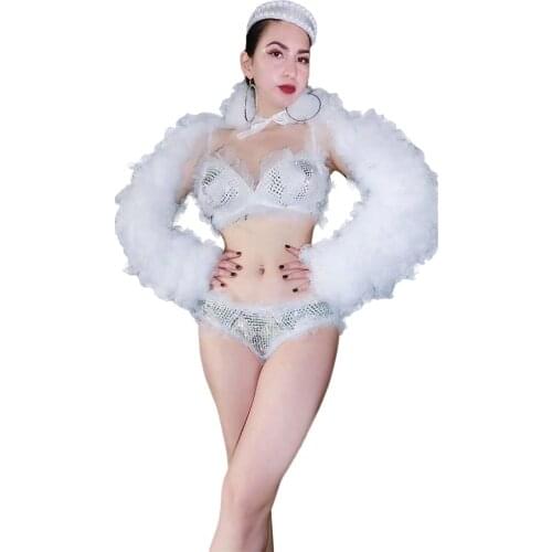 Sexy White Mesh Rhinestone Bikini Outfit Sets Women Bra + Shorts Stage Costumes Nightclub DJ Singer Dancer Performance Clothes